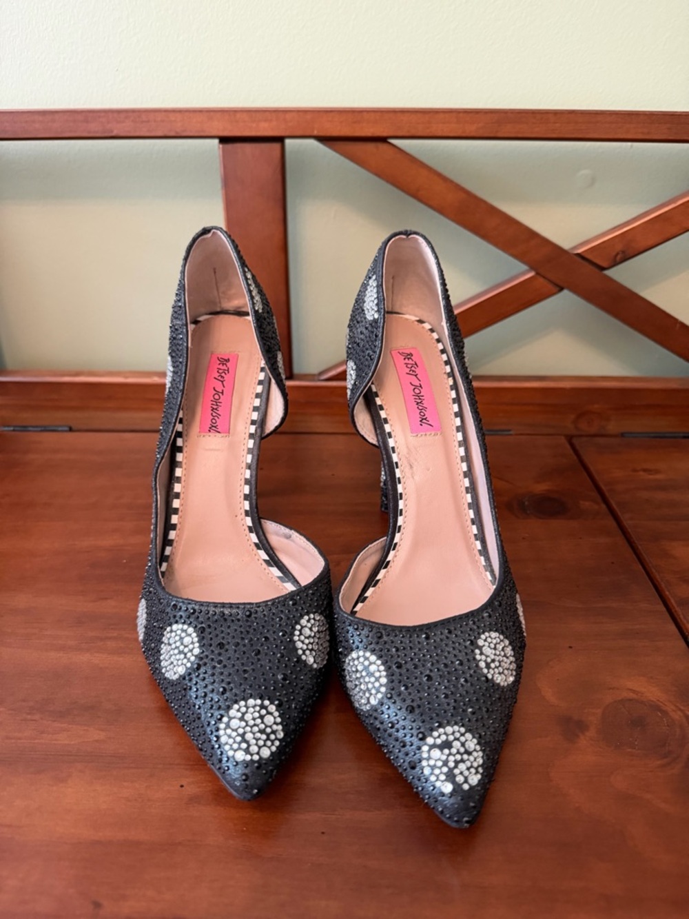 Betsey Johnson Black Rhinestone Polka Dot Pointed D'Orsay Pumps - Picture 2 of 6